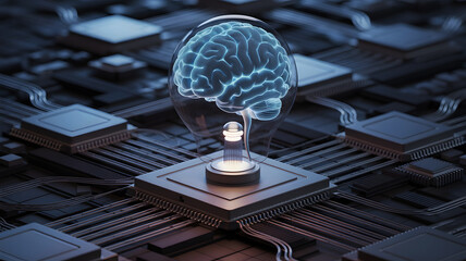 Glowing translucent digital brain with intricate circuitry and glowing blue lights representing artificial intelligence and technology