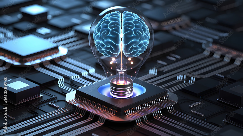 Poster glowing artificial intelligence brain illuminating on a futuristic microchip circuit board
