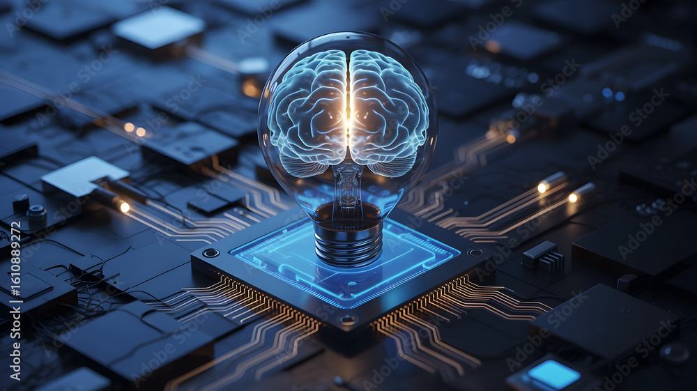Poster futuristic glowing brain circuit board symbolizing artificial intelligence and advanced technology