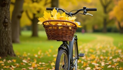 Golden Autumn Day: Bicycle Basket Brimming with Vibrant Yellow Maple Leaves
