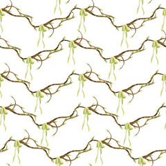 Hand drawn watercolor elegant spring branches, leaves and green bows. Seamless pattern on white background. Design for wallpaper, wedding, print, fabric, textile, card.