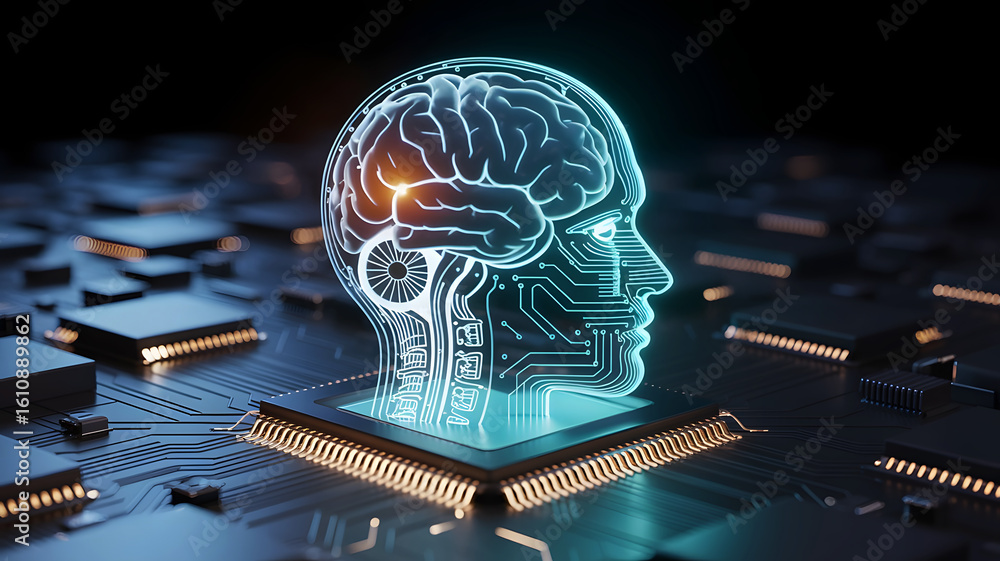 Poster futuristic glowing digital brain circuitry on a motherboard representing artificial intelligence and