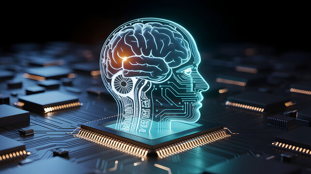 Futuristic glowing digital brain circuitry on a motherboard representing artificial intelligence and advanced technology