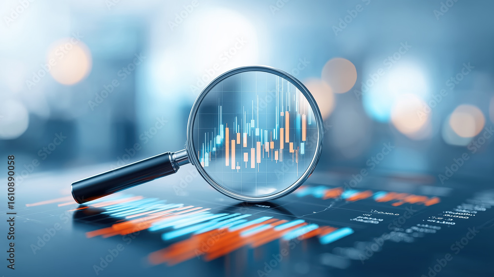 Poster Magnifying Glass Focusing on Colorful Data Visualizations Symbolizing Analysis and Insight in a Digital Environment