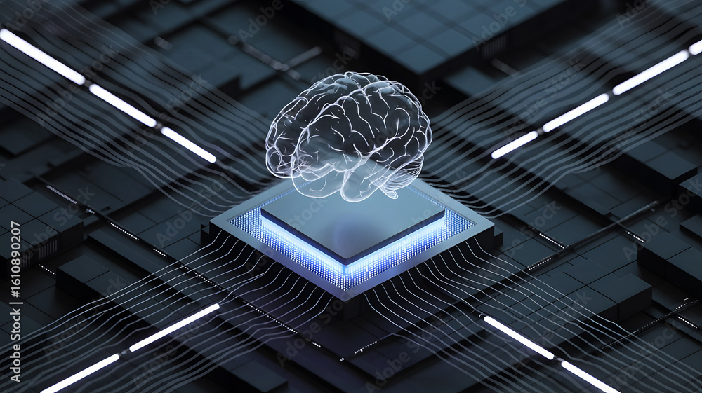 Poster abstract digital brain emerging from a glowing futuristic computer chip on a dark technological back