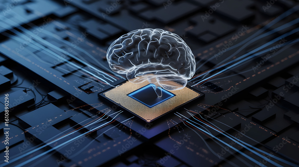 Poster futuristic glowing transparent human brain model resting on a complex microchip circuit board with b