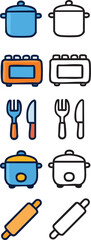 Colorful and black and white kitchen appliance icons.
