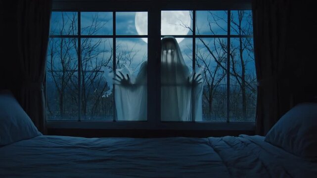 Terrifying ghost appears at window on full moon night, haunting bedroom scene