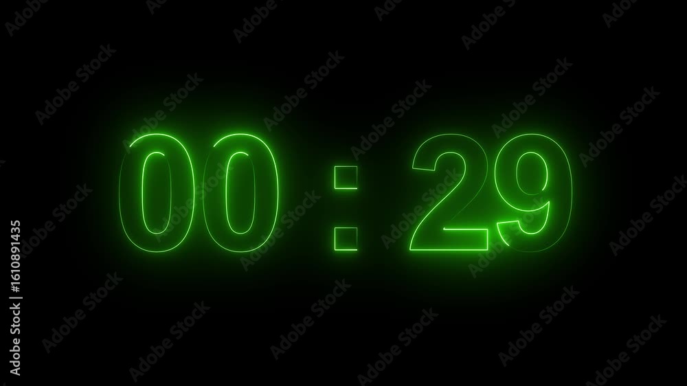 Poster digital countdown timer neon bright blue color animation of 29 second transparent on black backgroun