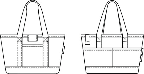 Cad drawing flat vector illustration of classic tote bag, large canvas handbag, durable design, practical accessory, fashion essential, everyday carry, simple style, versatile handbag, casual tote, 