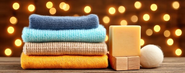 Sustainable Living concept Cozy laundry room with wool dryer balls, natural soap, and refillable detergent bottles a low-waste, eco-friendly laundry routine infused with warm lighting and earthy