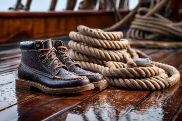 A close-up of sailor boots resting on a wet ship deck