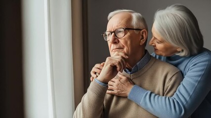 Elderly Couple Embracing Each Other by a Window Indoor with Natural Light