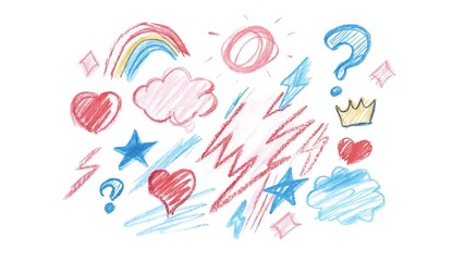 Illustration of a collection of colorful crayon drawings featuring hearts, stars, a rainbow, and other playful doodles