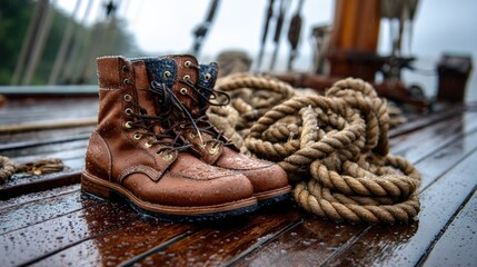 A close-up of sailor boots resting on a wet ship deck