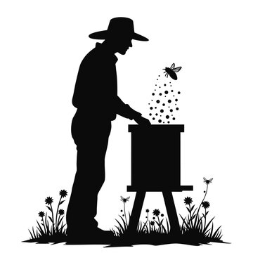 recommend clip art: Beekeeper tending to hive with bees and flowers honey apiary