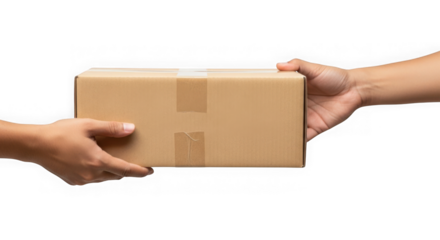 Hands delivering cardboard box package isolated on transparent background