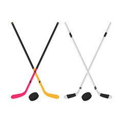 Crossed Hockey Sticks and Puck Vector. Hockey Sport Elements. Hockey Sticks and Puck on White Background.