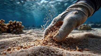 A close-up of a scuba diver gloved hand touching the fine sandy seabed underwater