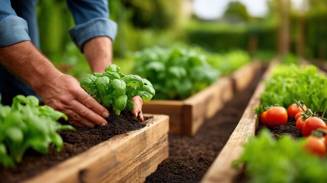 Sustainable Living concept Person planting vegetables in raised garden beds made from salvaged wood, showcasing permaculture lifestyle and sustainable food growth in suburban backyard, copy space for