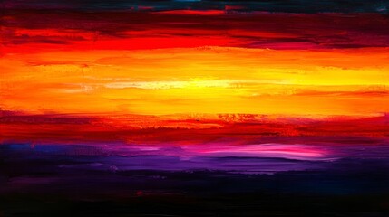 Fototapeta premium Vibrant sunset landscape painting with strokes of red, orange, yellow, and purple hues.