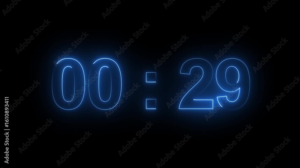 Poster digital countdown timer neon bright blue color animation of 29 second transparent on black backgroun