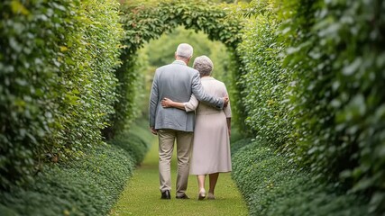Elderly Couple Walking Through Lush Green Garden Underneath Arched Foliage Displaying Love and Support