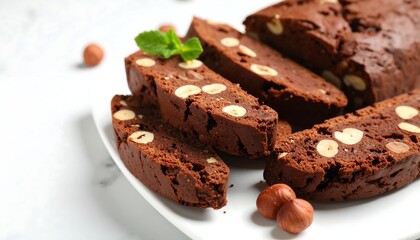 Slices of chocolate biscotti with hazelnuts, displayed on a white plate