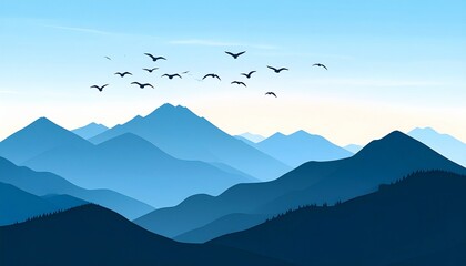 Fototapeta premium Mountain Ridge Silhouette Vector with Birds Flying