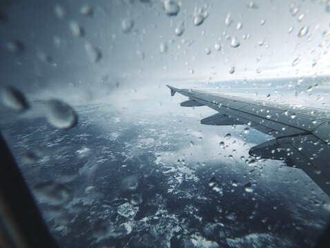 Ai generated image of view from an airplane window during a rainy flight, with raindrops on the glass