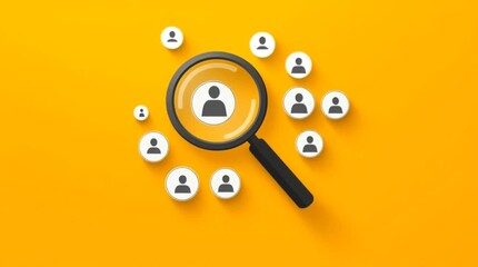 Yellow background with magnifying glass focusing on user icon representing candidate search and recruitment concept in human resources