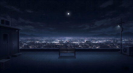 Wallpaper 4k Desktop Peaceful rooftop view of the city at night under a glowing moonlight, capturing a serene atmosphere above the quiet urban skyline