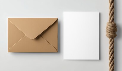 Minimalist mockup of an envelope and blank white card on clean background with rope knot detail in corner