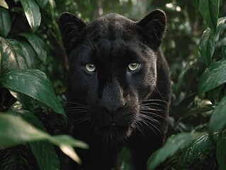Ai generated image of a black panther emerges from lush green foliage in a dense jungle