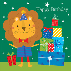 greeting card with birthday gift and cute lion design