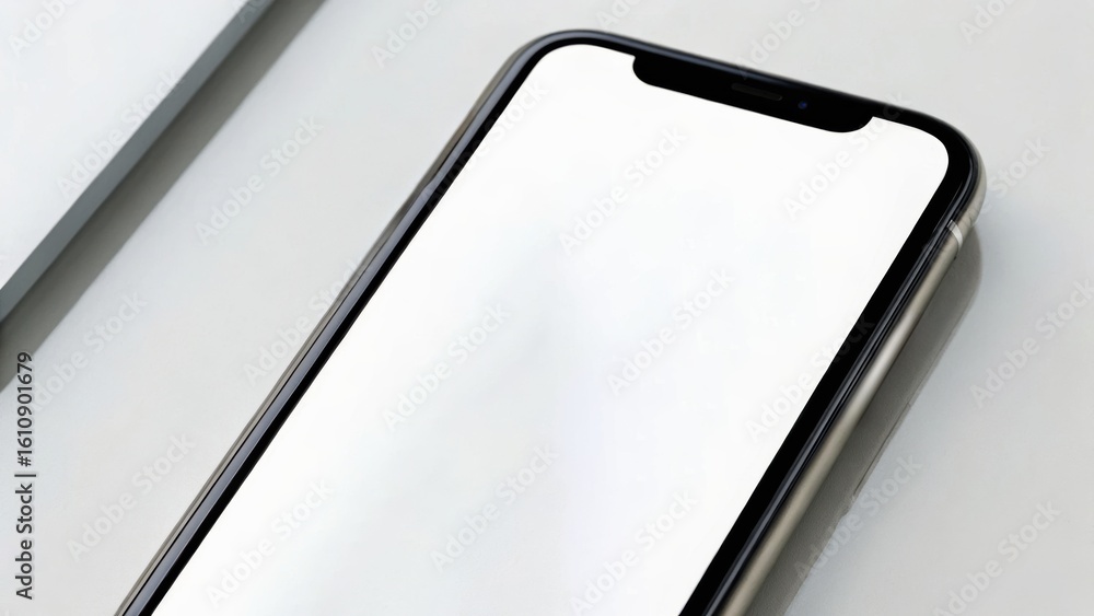 Poster a sleek smartphone on a minimalistic surface, showcasing a modern design with a reflective screen an