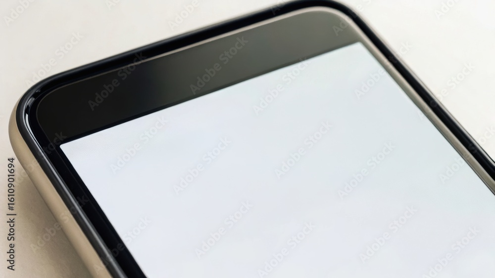 Poster close-up of a sleek smartphone with a blank screen, highlighting its modern design and smooth edges.