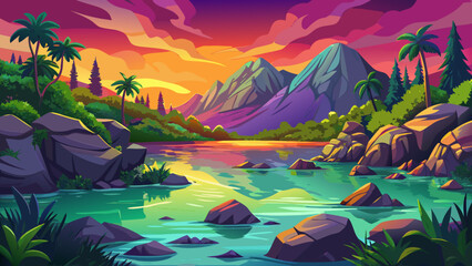 beautiful lake with green tropical forest with stones landscape abstract cartoon