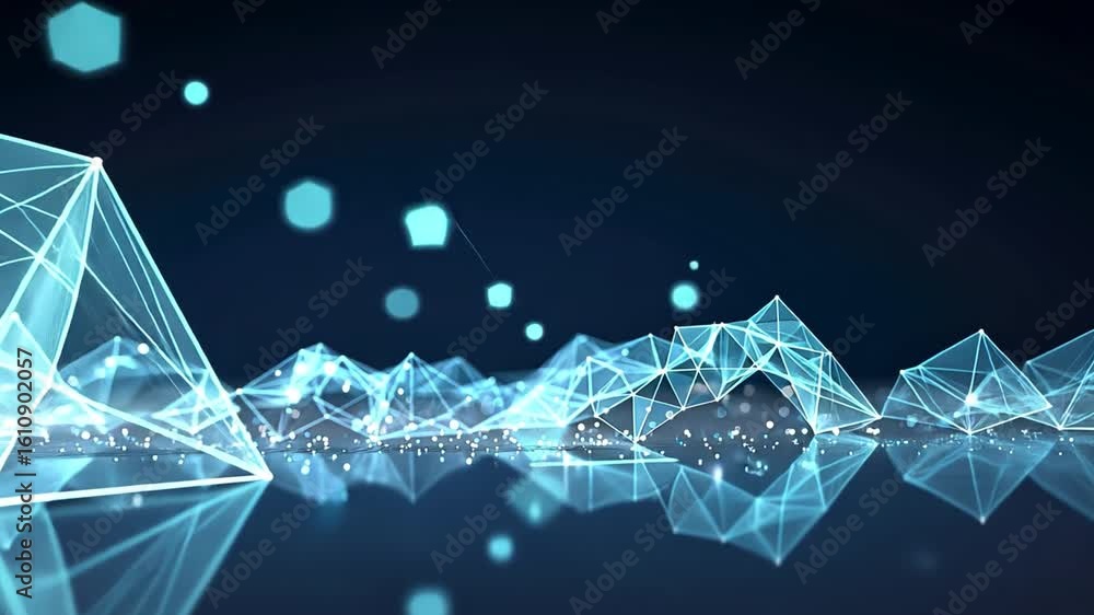 Poster abstract geometric shapes and glowing dots create stunning digital landscape, featuring interconnect