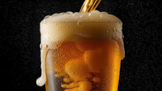 A close up of a frothy beer being poured into a glass, showcasing the rich color and bubbles of the beverage under a dark background.