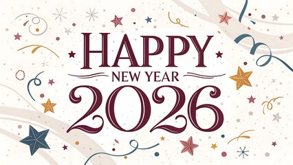 Illustration of happy new year 2026 with festive confetti and stars