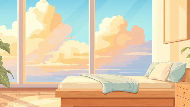 A serene bedroom with a large window showcasing a beautiful sky. Perfect for relaxation and tranquility.