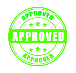 Approved green rubber stamp with grunge texture and bold approved text isolated on white background