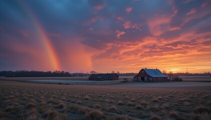 Beautiful orange and red sunset light over the city and river landscape with dramatic clouds