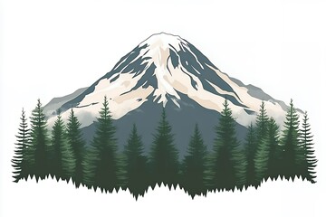 Majestic snow capped mountain peak rises above a dense evergreen forest landscape