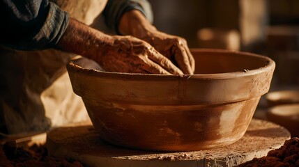 Clay spins under the hands of a potter, taking form as a bowl or pot through careful shaping and rotation.