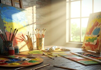 Artist's Workspace: Paints, Brushes, and Canvas in Sunlight