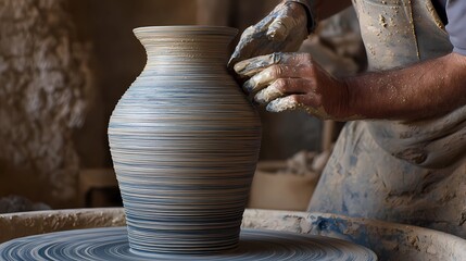 Clay spins under the hands of a potter, taking form as a bowl or pot through careful shaping and rotation.