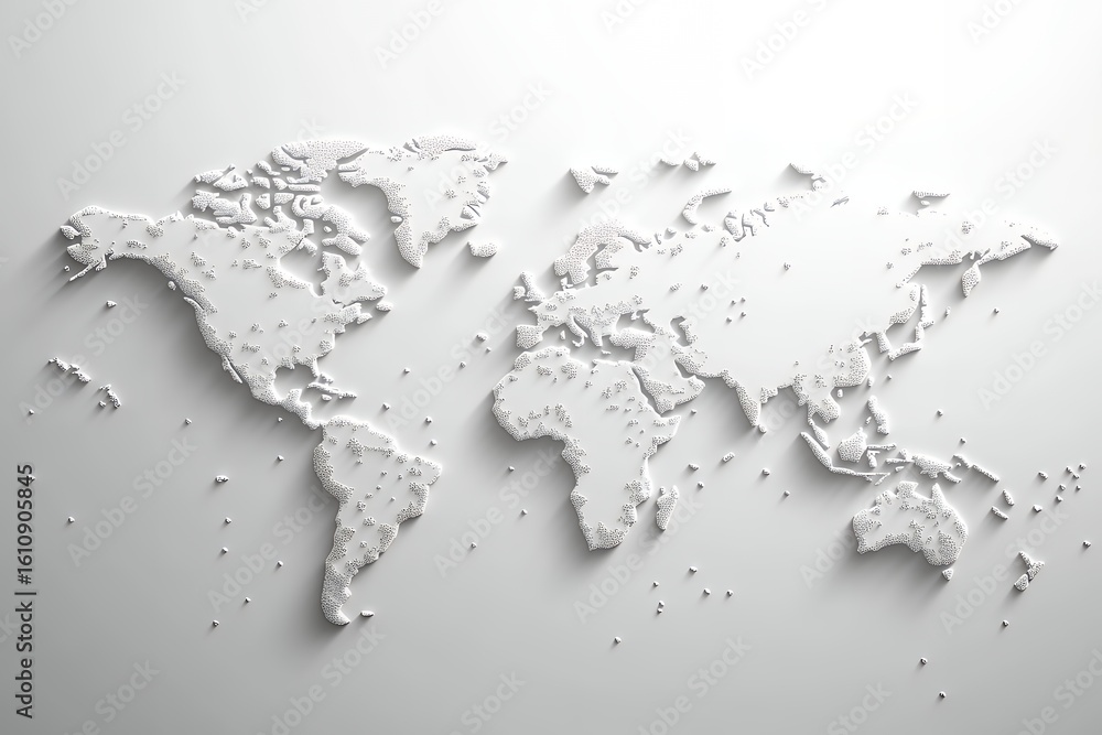 Aufkleber abstract textured white world map with raised continents casting shadows on a light background