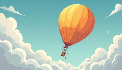 Obraz premium Orange Hot Air Balloon Ascending Above Fluffy Clouds in Cartoon Sky